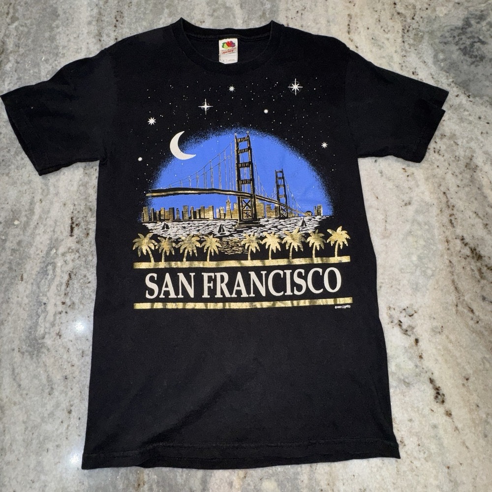 VTG 1997 San Francisco Bridge Night Sky Star Black Hanes T-Shirt Size Small